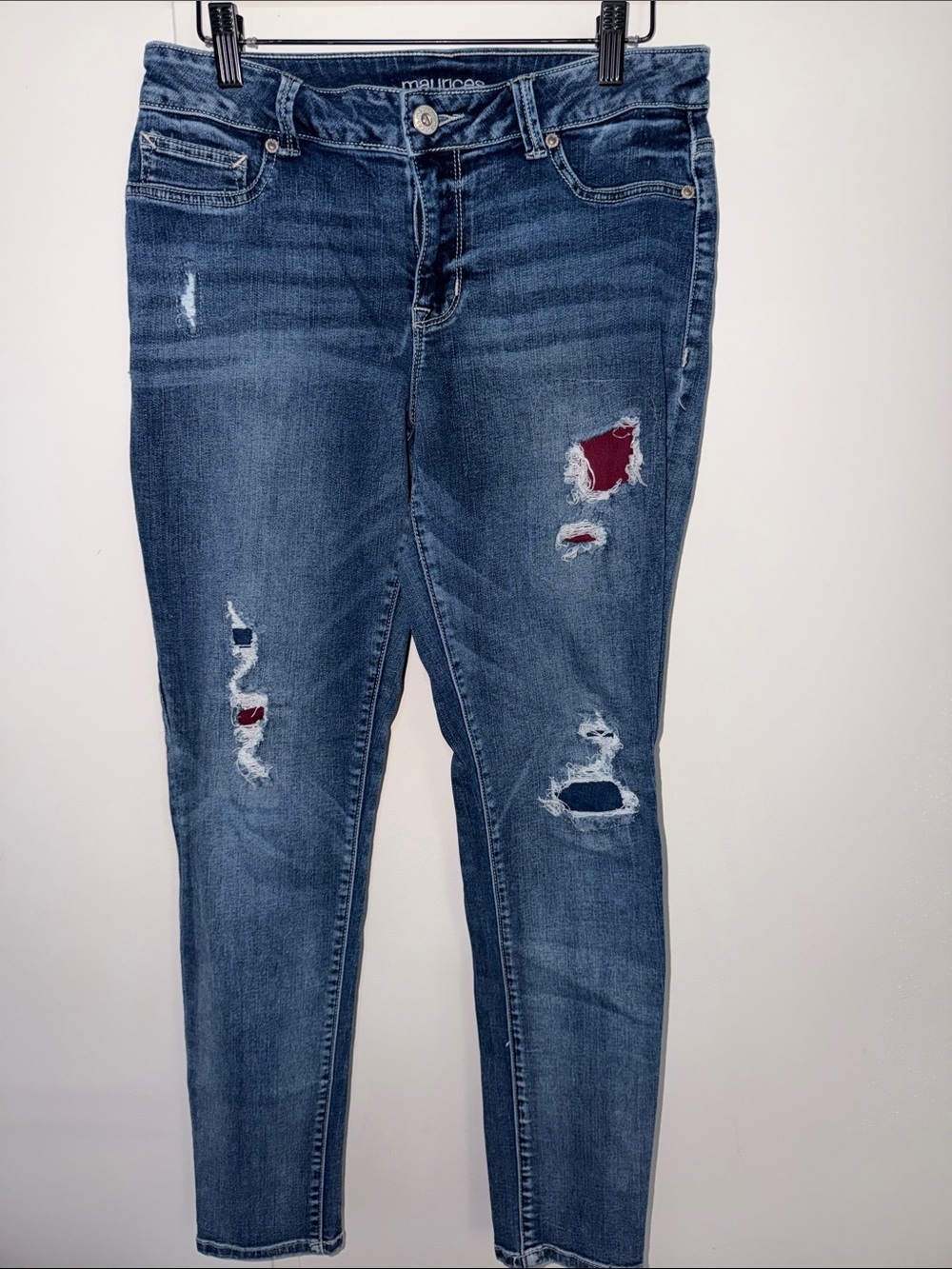 Maurices Distressed Skinny Jeans with Red Patch Accents - Blue Wash